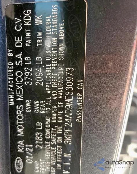 2021 Kia Forte Fe from USA, damaged, VIN 3KPF24AD9ME330973